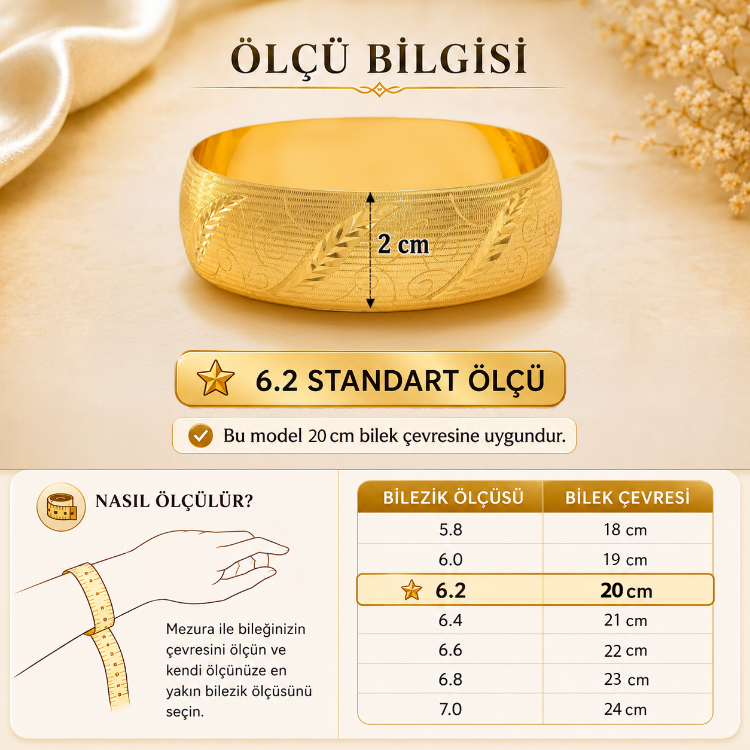 22 Ayar Altın Kaplama Yaprak Motifli Bilezik 2 cm