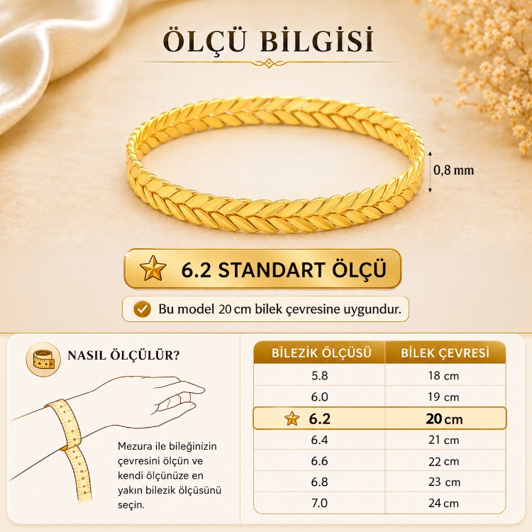 22 Ayar Altın Kaplama Başak Model Burma Bilezik 8 mm