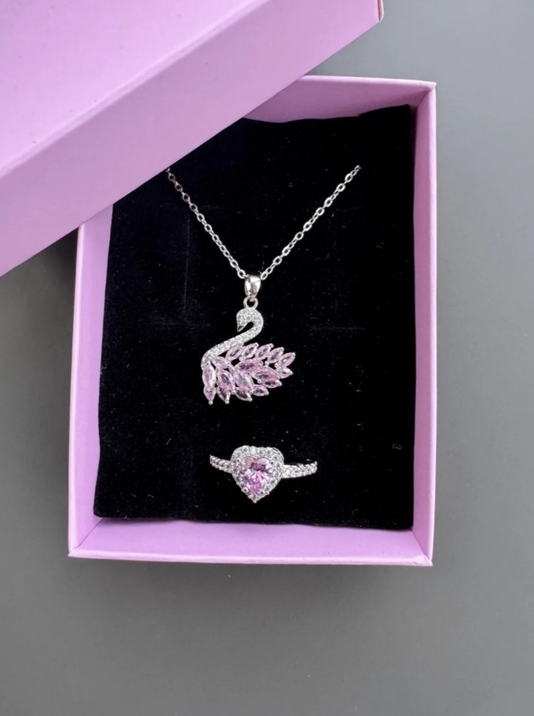 PEMBE KUĞU KOLYE YÜZÜK SETİ ÇELİK