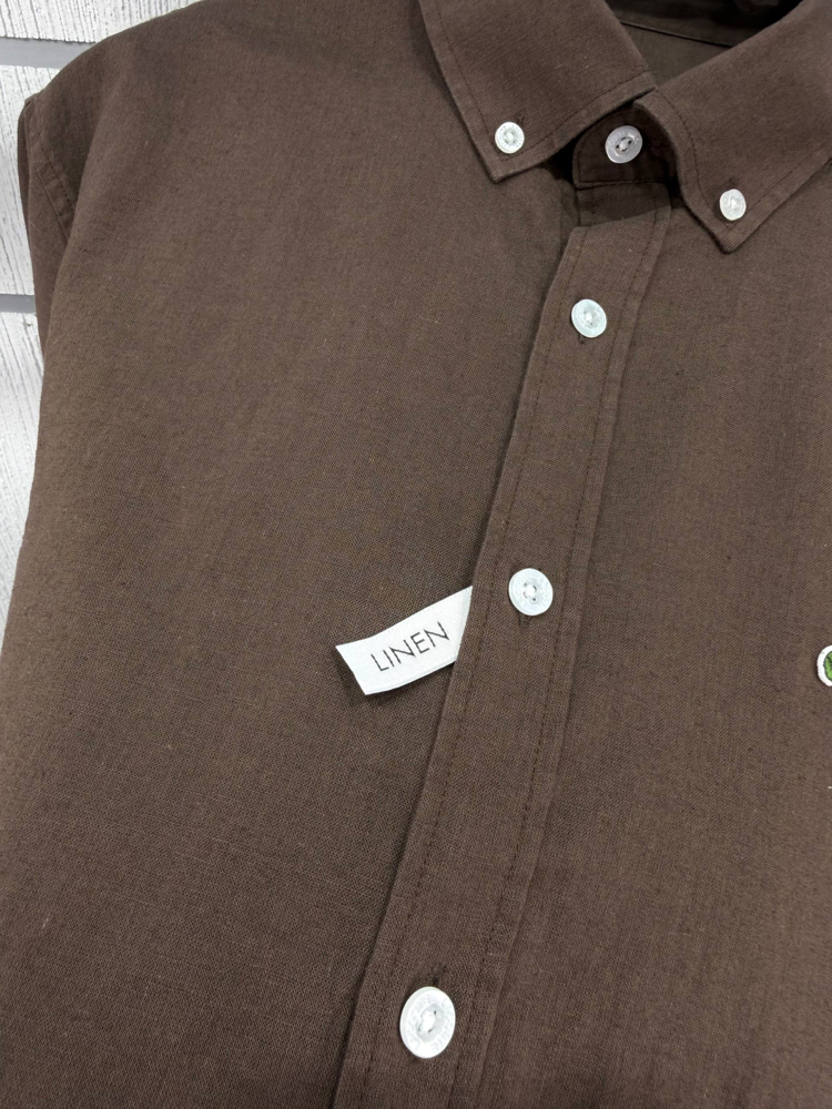 Lacoste Kahverengi Keten Regular Gömlek
