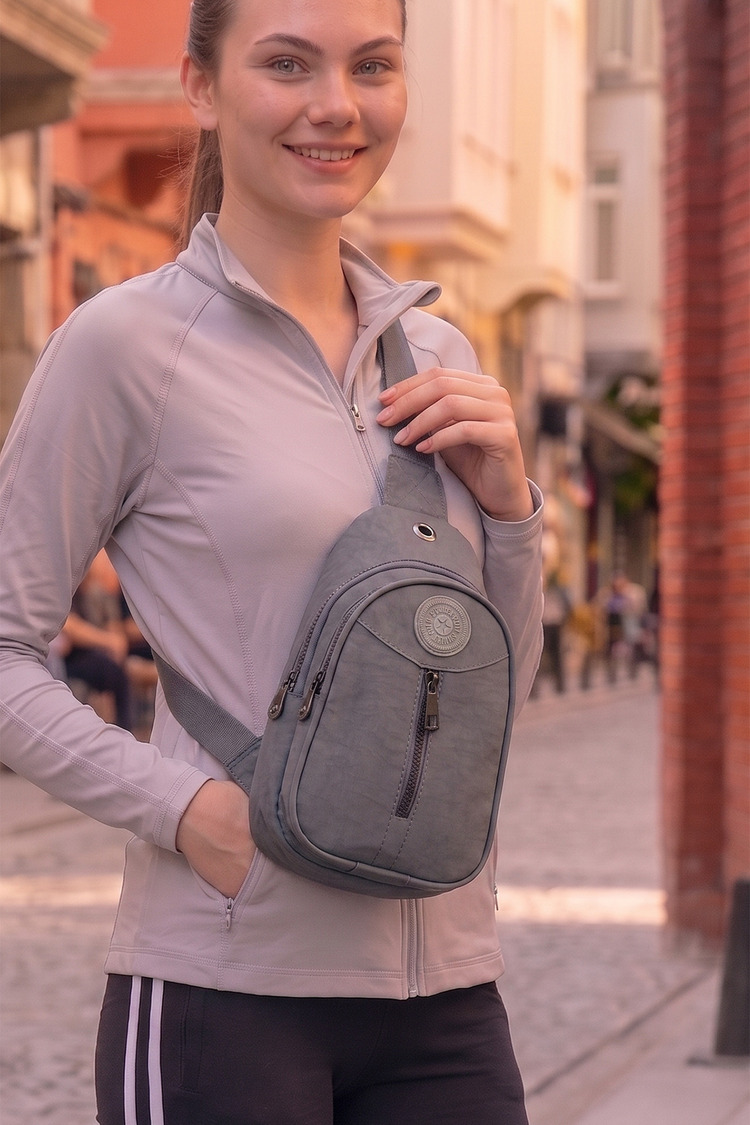 Unisex Gri Krinkıl Body Bag Çapraz Omuz Ve Bel Çantası