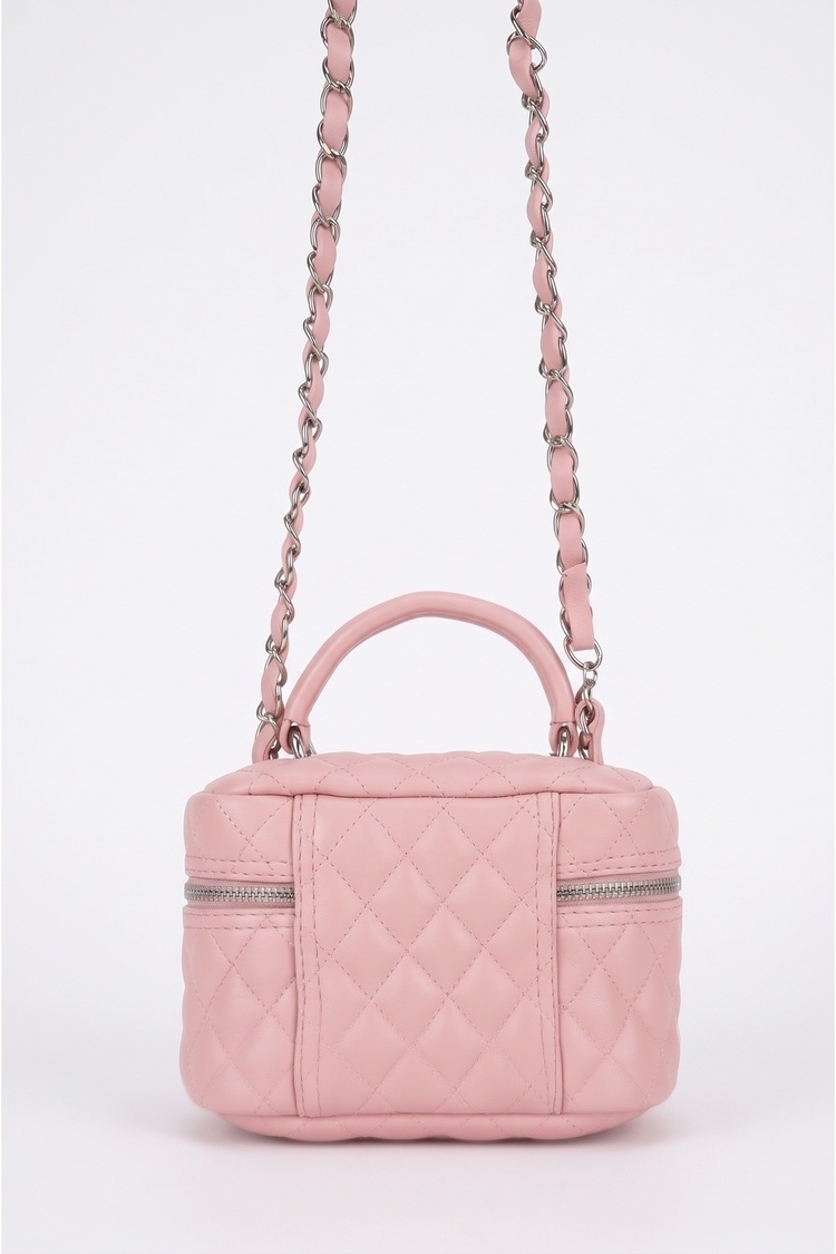Pembe Kadın Mini Kutu Çanta Kapitone Desenli Zincirli El ve Omuz Çantası