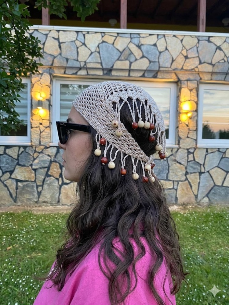 Crochet Boncuklu Bandana Krem