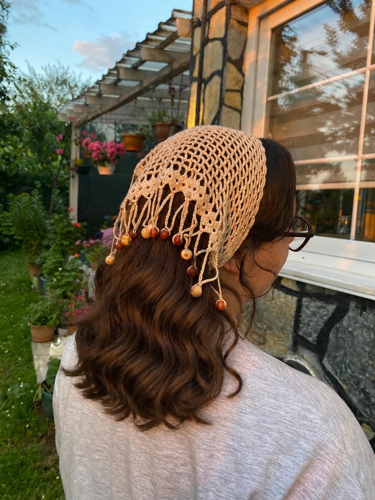 Crochet Boncuklu Bandana Krem
