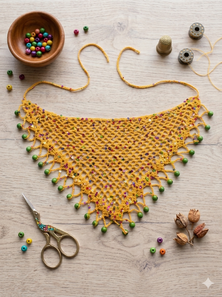 Crochet Boncuklu Bandana Sarı