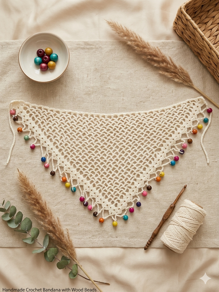 Crochet Boncuklu Bandana Beyaz