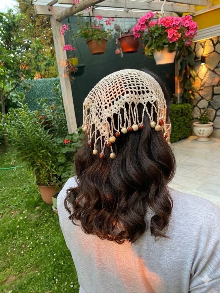 Crochet Boncuklu Bandana Krem