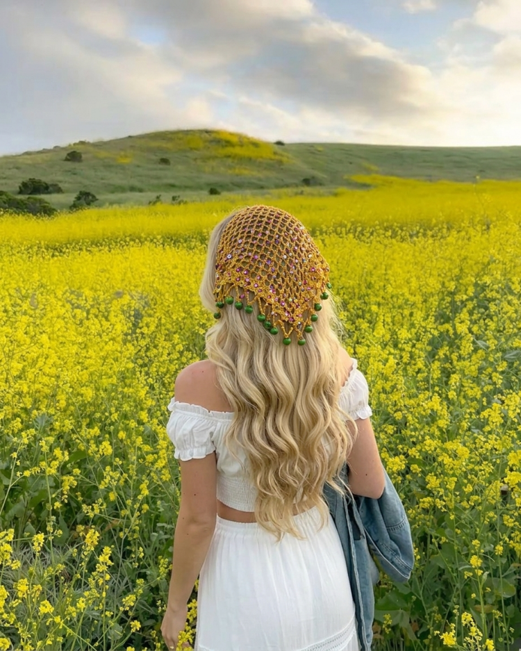 Crochet Boncuklu Bandana Sarı