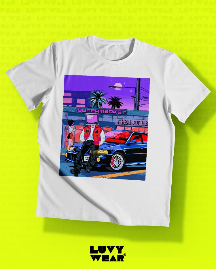 Spor Araba Temalı Beyaz Unisex Tişört - Retro Serisi
