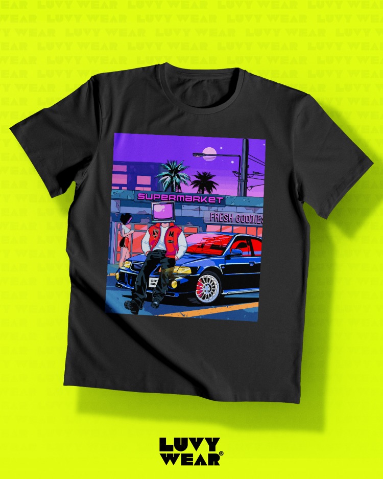 Spor Araba Temalı Siyah Unisex Tişört - Retro Serisi