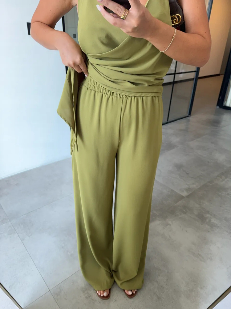 KRUVAZE ASİMETRİK BLUZ PANTOLON YEŞİL TAKIM