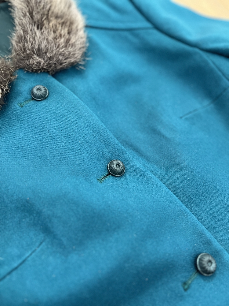 Made in Italy Yakası Kürklü %100 Saf Yün Kaşe Petrol Mavisi/Turkuaz Blazer 