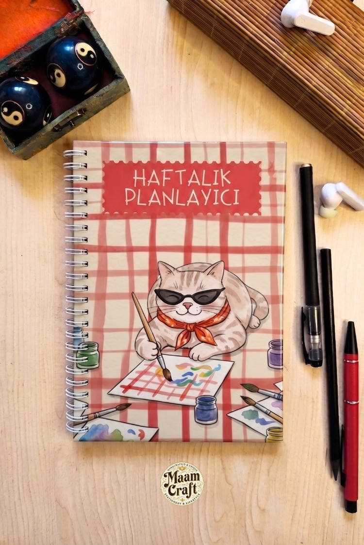 Artist Cat Haftalık Planlayıcılı Not Defteri - Modern Tasarım, Sert Kapaklı