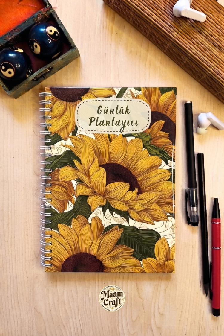 Sun Flower Günlük Planlayıcılı Not Defteri - Modern Tasarım, Sert Kapaklı