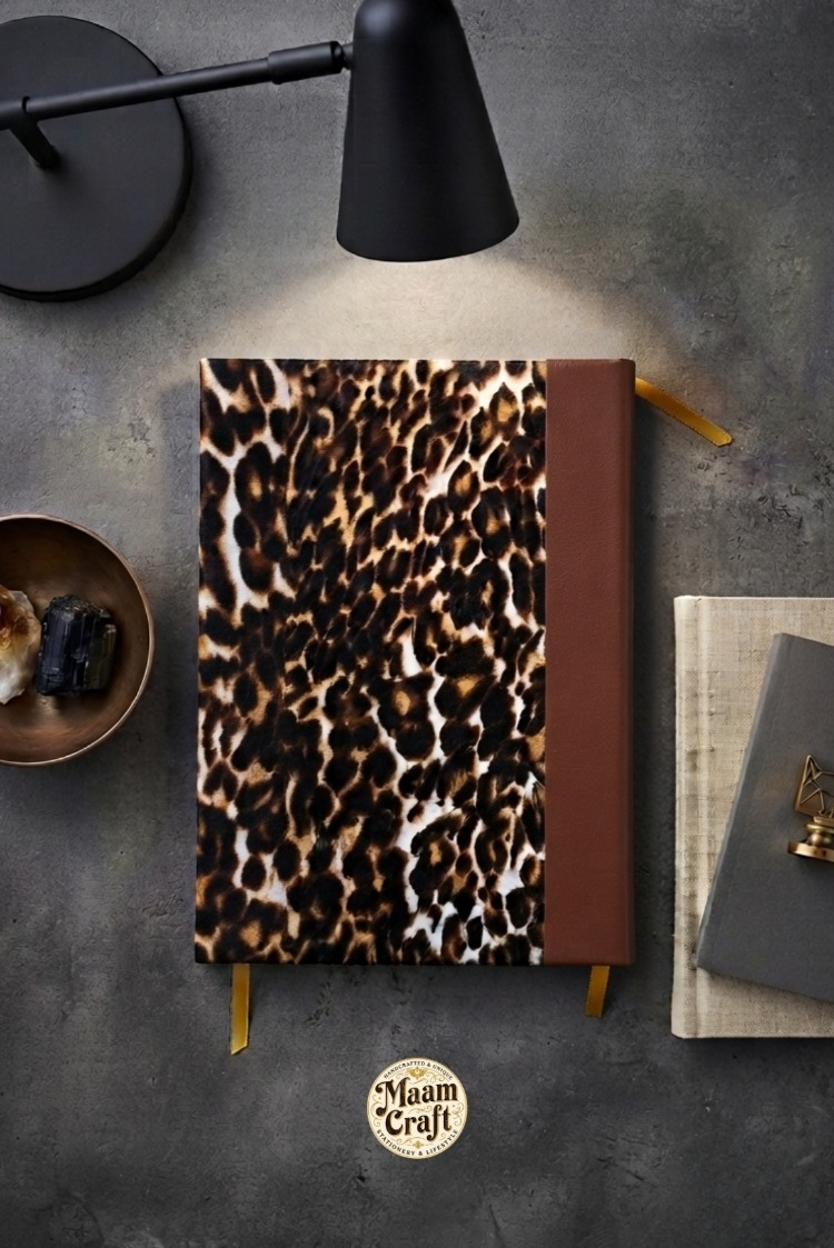 Leopar - Suni Deri Sırtlı ve Kumaş Ciltli El Yapımı Defter