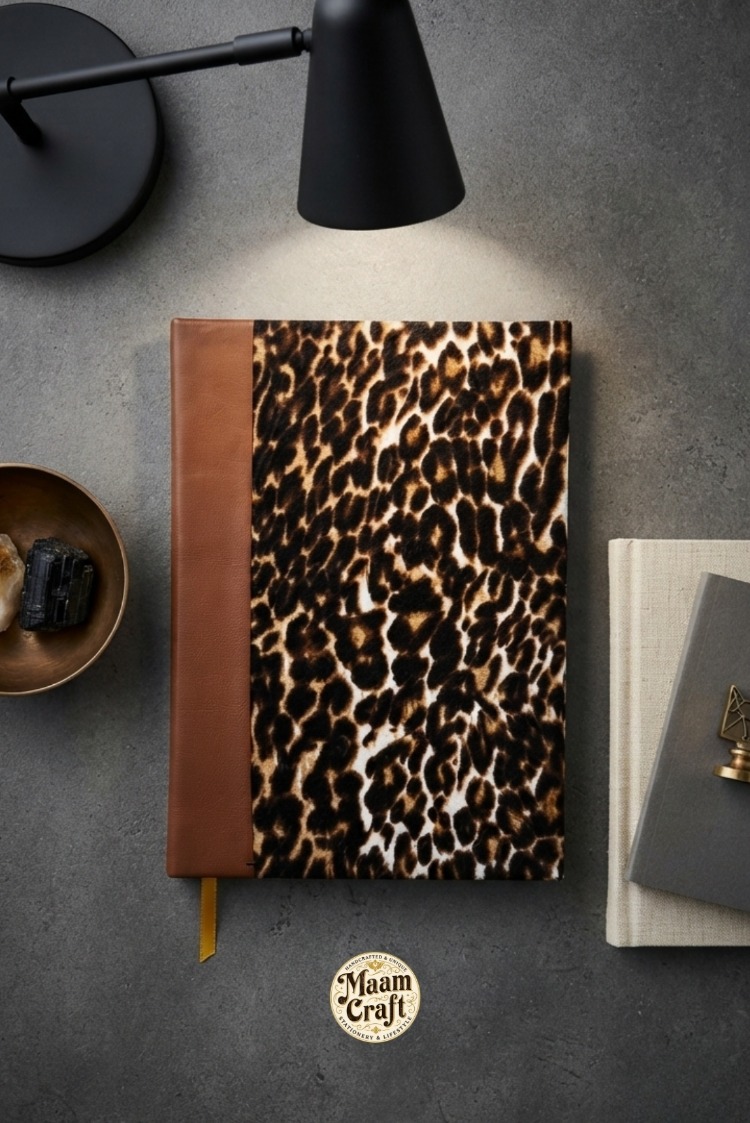 Leopar - Suni Deri Sırtlı ve Kumaş Ciltli El Yapımı Defter