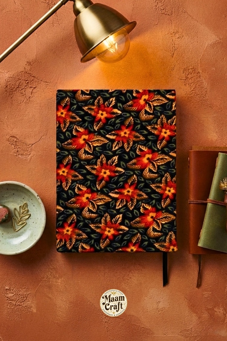 Kırmızı Çiçekli - Flanel Kumaş Ciltli El Yapımı Defter