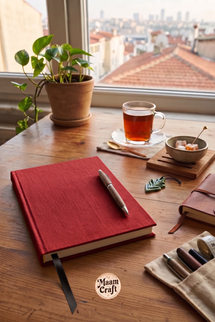 Okuma Günlüğü Kırmızı - Kumaş Ciltli El Yapımı Defter