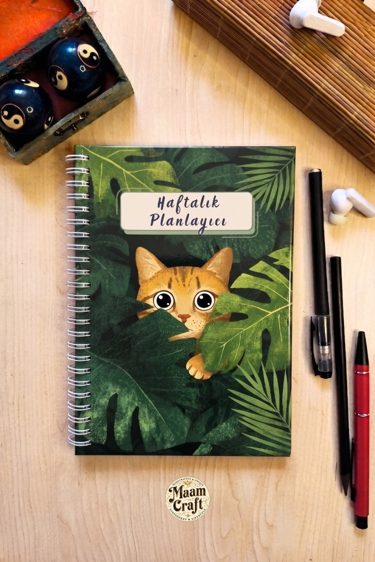 Ginger Cat Haftalık Planlayıcılı Not Defteri - Modern Tasarım, Sert Kapaklı