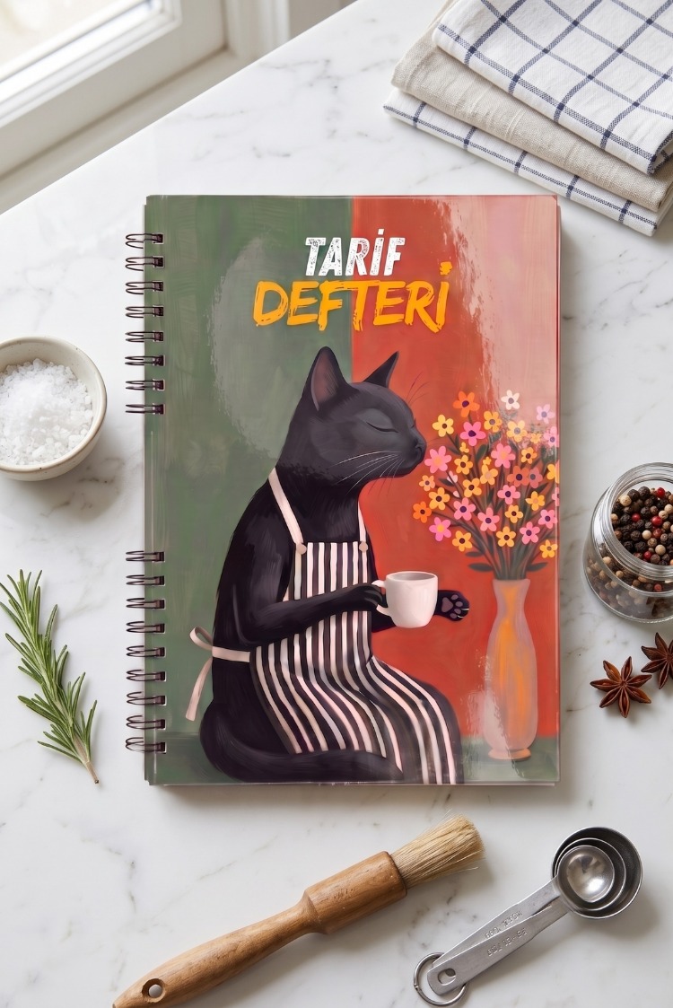 Şef Kedi Tarif Defteri - El Yapımı Spiral Sert Kapak Tarif Defteri - 50 Tarif