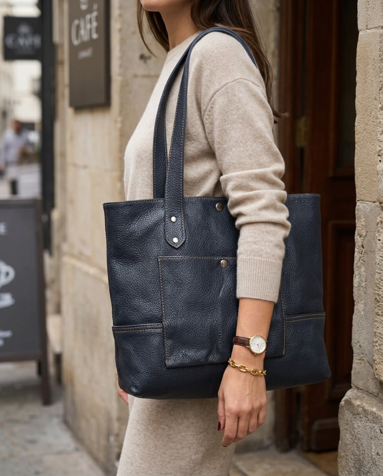 Macell Atelier | El Yapımı Hakiki Deri Tote Çanta - Lacivert (Navy)