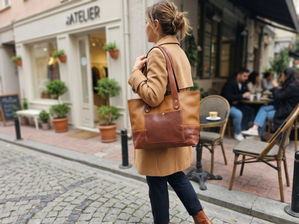 Macell Atelier | El Yapımı Hakiki Deri Tote Çanta - Kahve Taba (Çift Renk)