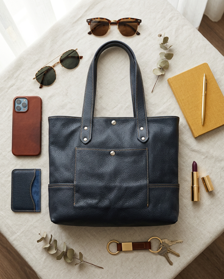 Macell Atelier | El Yapımı Hakiki Deri Tote Çanta - Lacivert (Navy)