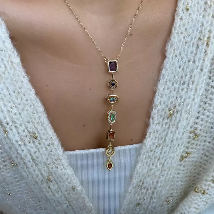Aura Kolye Renkli Taşlı Uzun Y Kolye (1 Alana 1 Bedava)