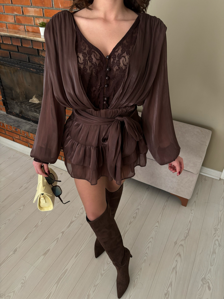 Dantel Detaylı Şifon Mini Elbise MOCHA MUSE