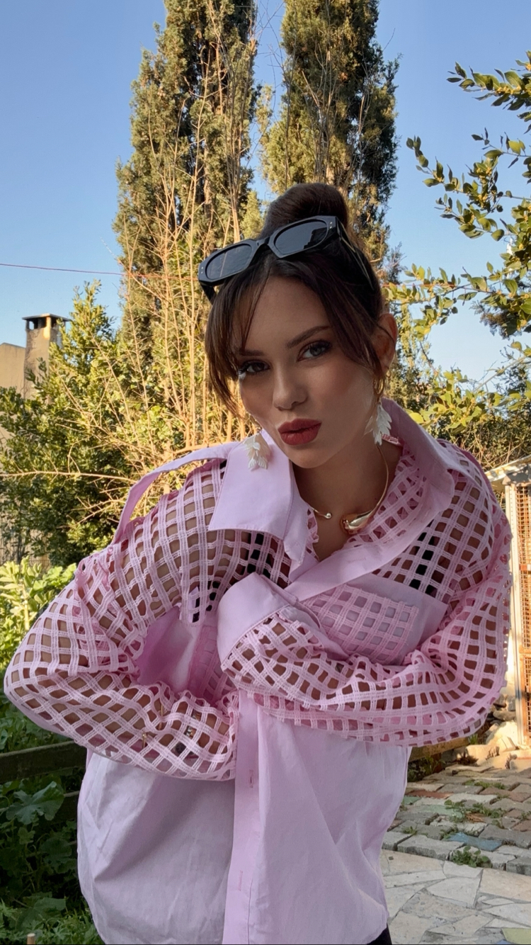 Oversize Kesim Kare File Detaylı Pembe Gömlek