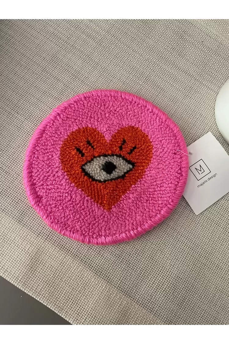 Punch Bardak Altlığı, Çift Taraflı, Kalp Göz Desenli Yuvarlak Formlu, Pembe