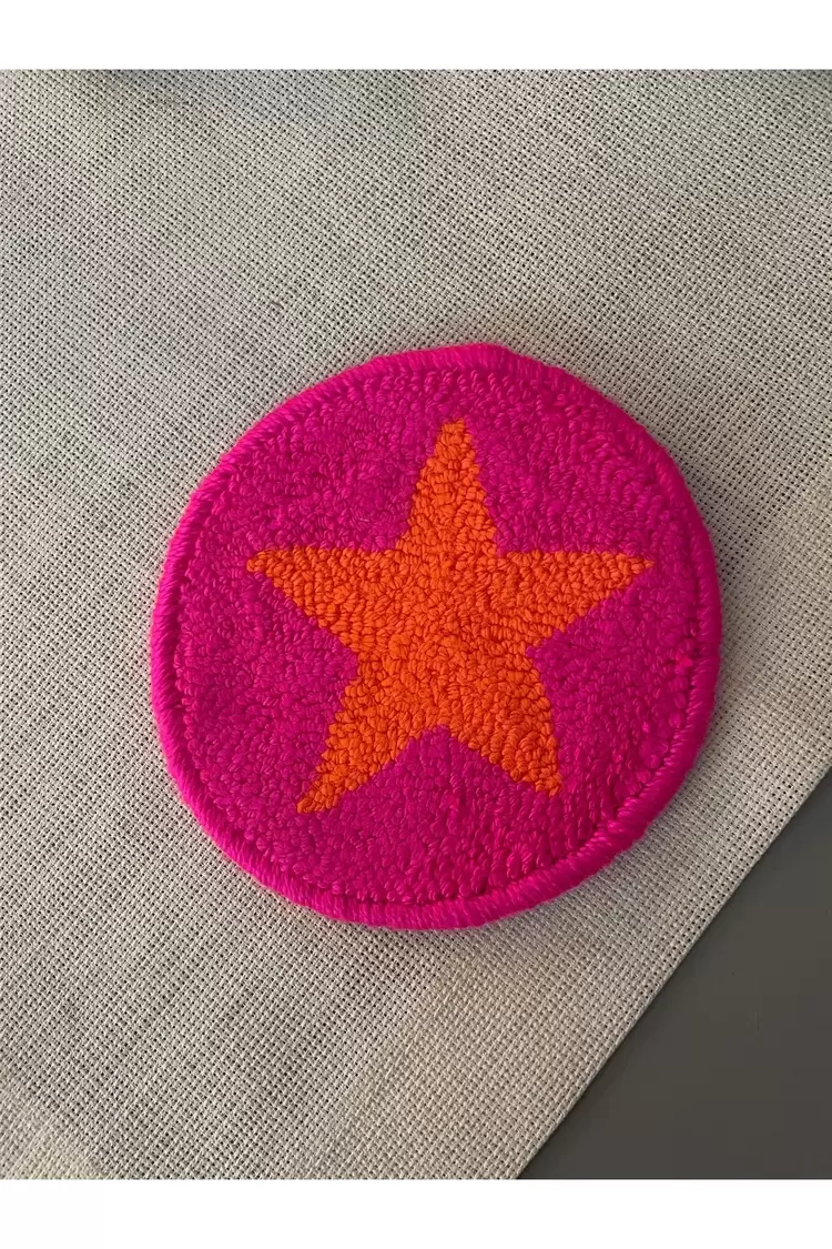 Punch Bardak Altlığı, Çift Taraflı, Yıldız Desenli Yuvarlak Formlu, Pembe-Turuncu