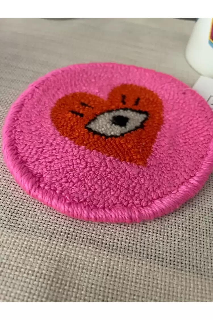 Punch Bardak Altlığı, Çift Taraflı, Kalp Göz Desenli Yuvarlak Formlu, Pembe