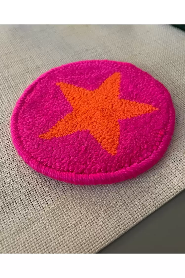 Punch Bardak Altlığı, Çift Taraflı, Yıldız Desenli Yuvarlak Formlu, Pembe-Turuncu