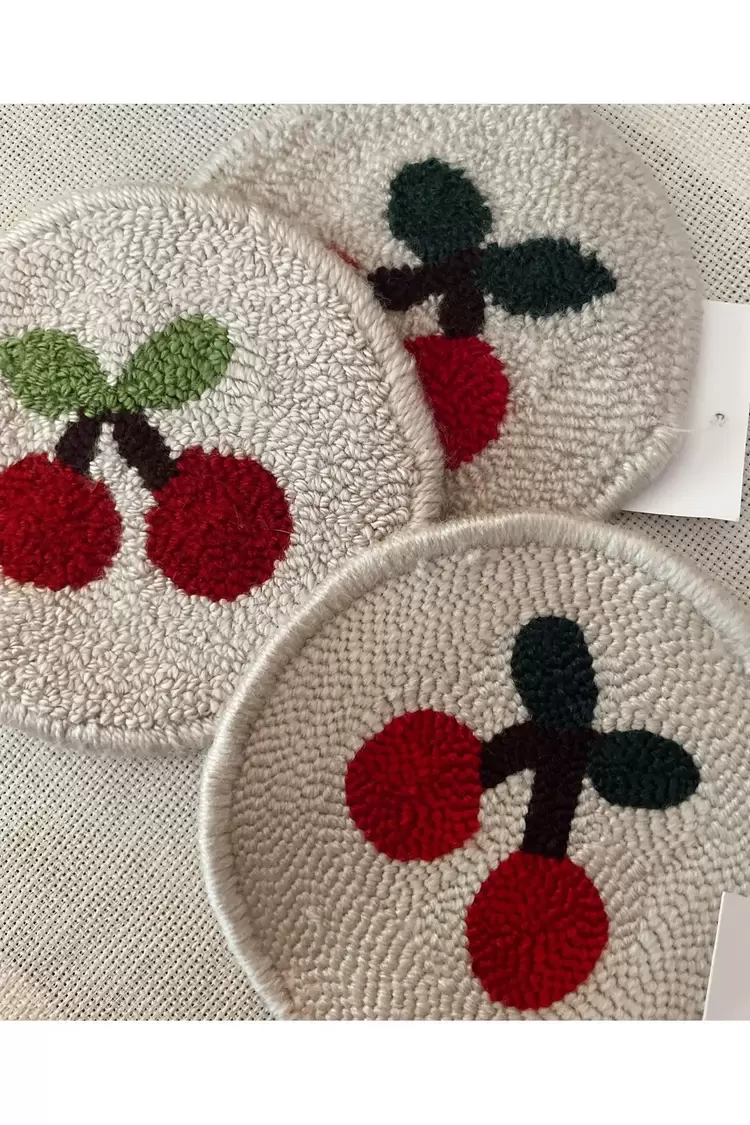 Punch Bardak Altlığı, Çift Taraflı, Kiraz Desenli Yuvarlak Formlu