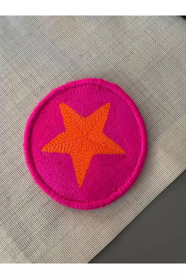 Punch Bardak Altlığı, Çift Taraflı, Yıldız Desenli Yuvarlak Formlu, Pembe-Turuncu
