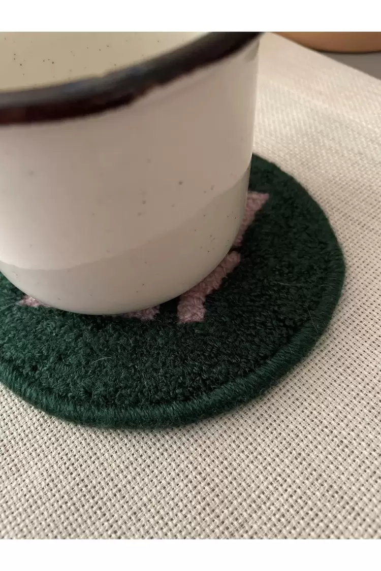 Punch Bardak Altlığı, Çift Taraflı, Lovely Desenli Yuvarlak Formlu, Koyu Yeşil
