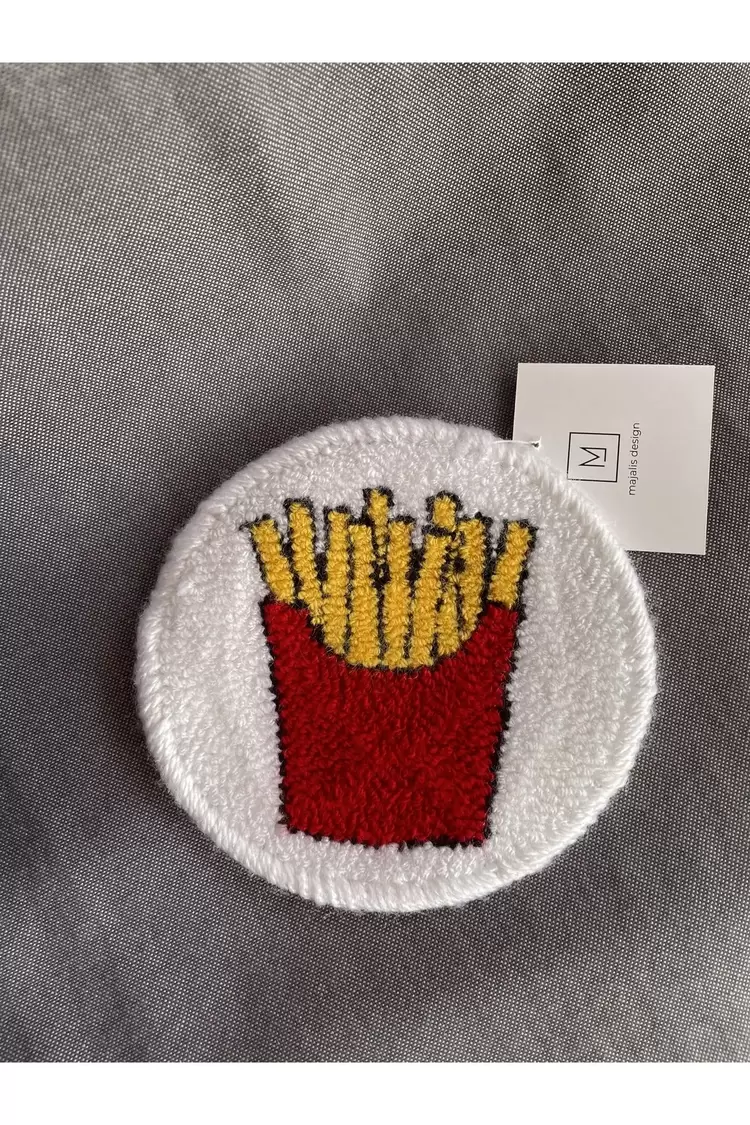 Punch Bardak Altlığı, Çift Taraflı, French Fries Desenli Yuvarlak Formlu, Beyaz