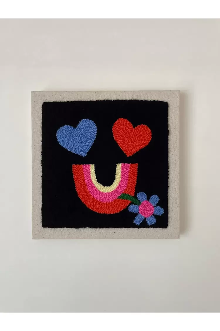 Punch Nakış İşlemeli, MDF Kapama, Kalp Surat Çiçekli Desenli Duvar Panosu, 25x25