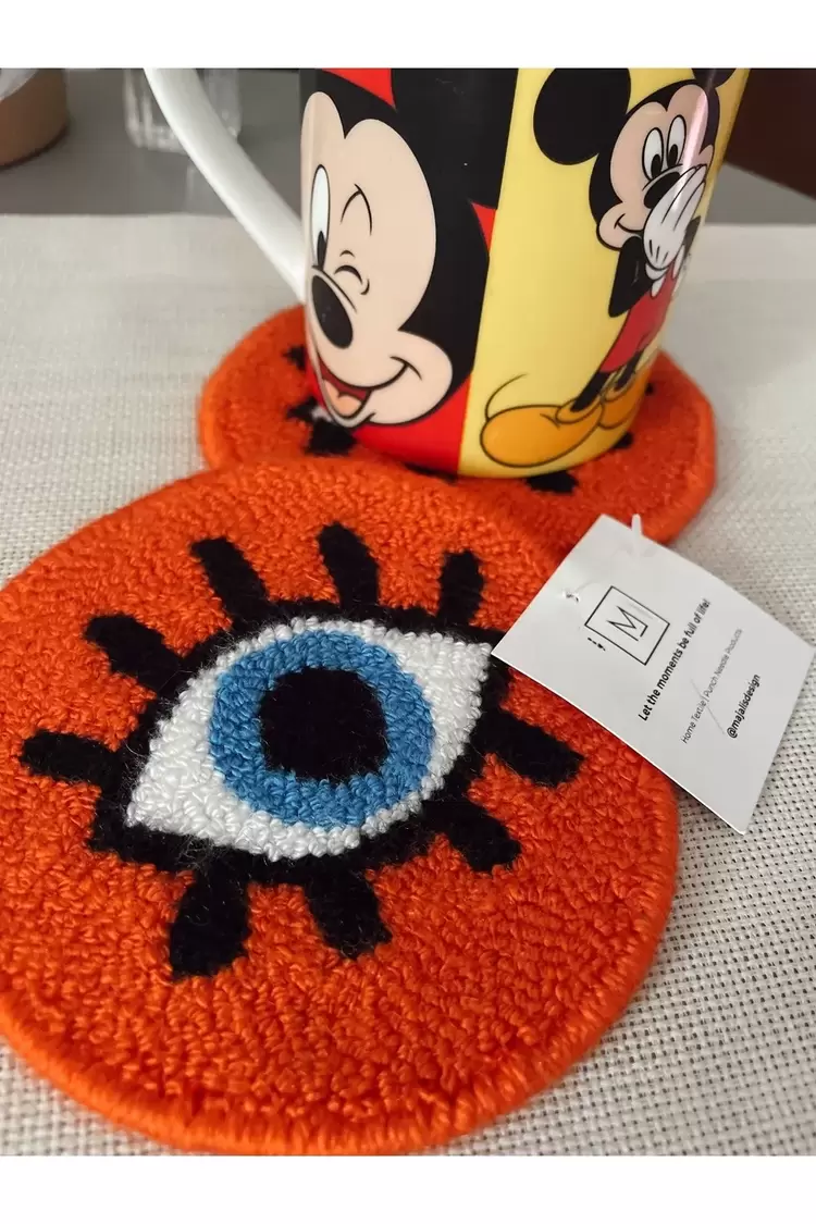 Punch Bardak Altlığı, Çift Taraflı, Göz Desenli Yuvarlak Formlu, Turuncu