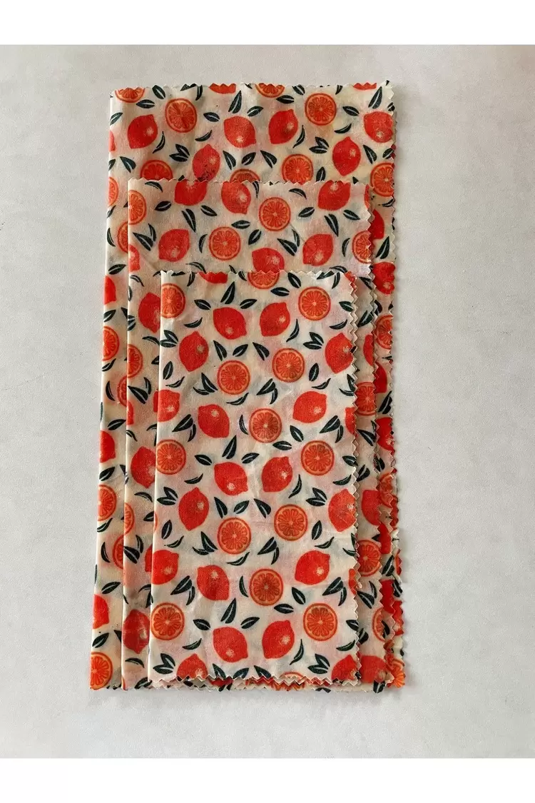 Balmumu Gıda Saklama Kumaşı, 3'lü Set, Portakal Desenli