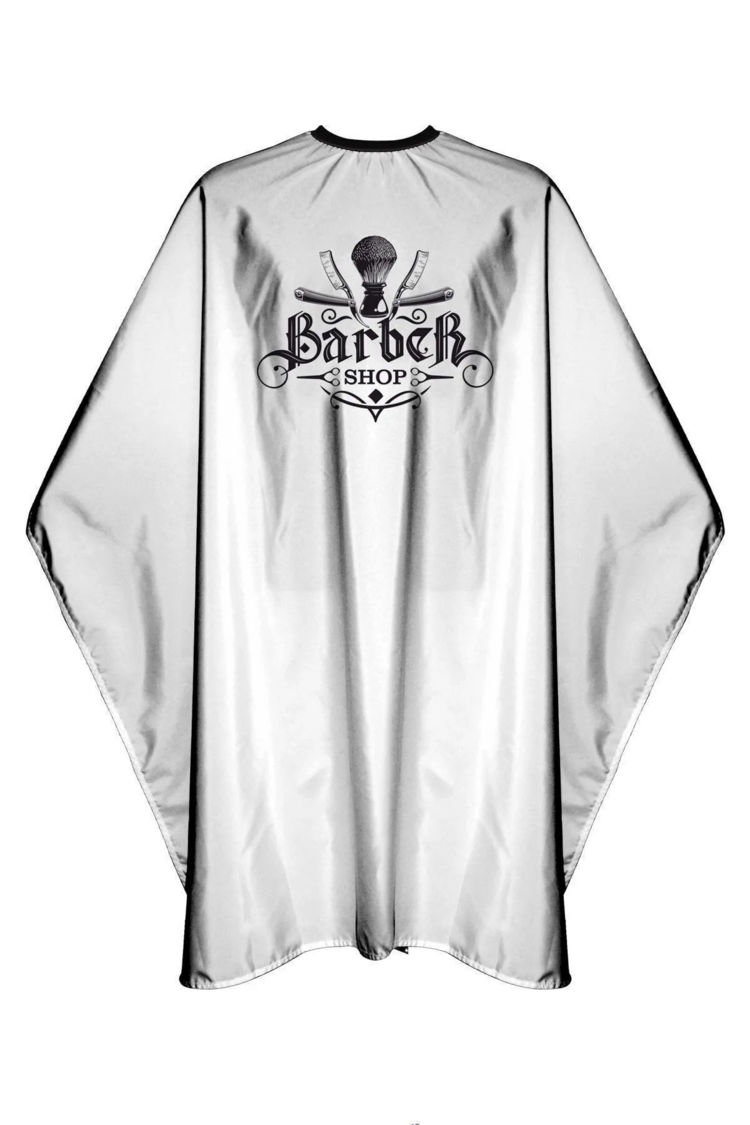 BarberShop baskılı beyaz penuar berber önlüğü