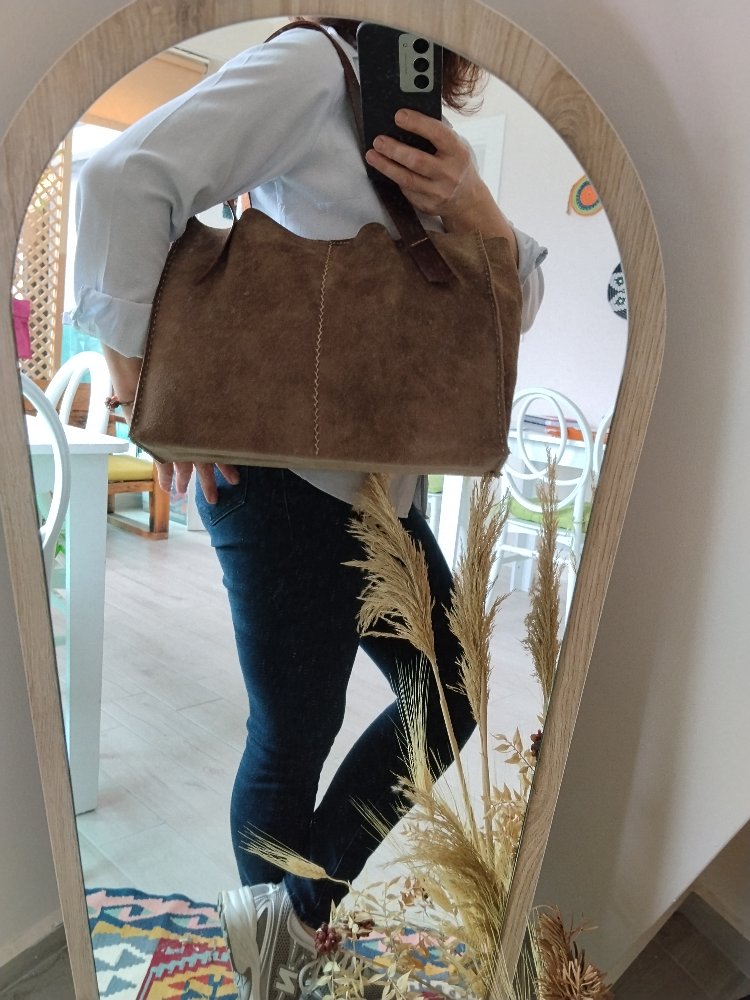 Süet Tote Çanta (Deri Sap)