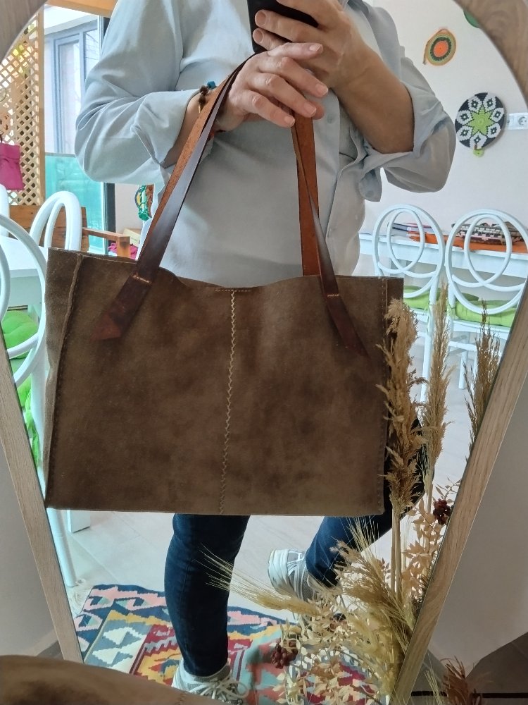 Süet Tote Çanta (Deri Sap)