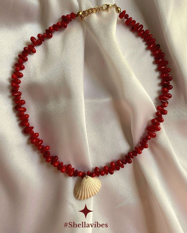 Doğal Mercan ve Deniz Kabuğu Shella Kolye