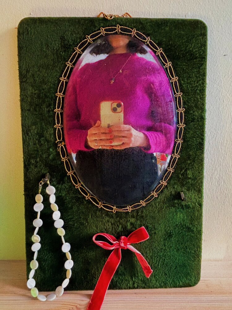 40’s Green Velvet Framed Mirror