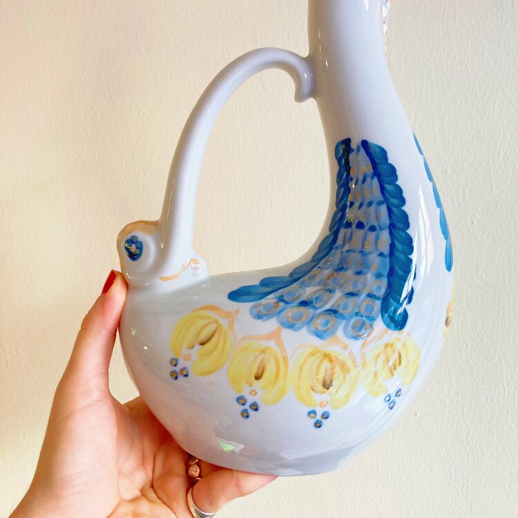 70’s Handmade Polish Porcelain Bird Carafe  