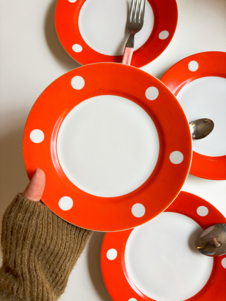 80’s Russian Orange Polka Dot Porcelain Plates