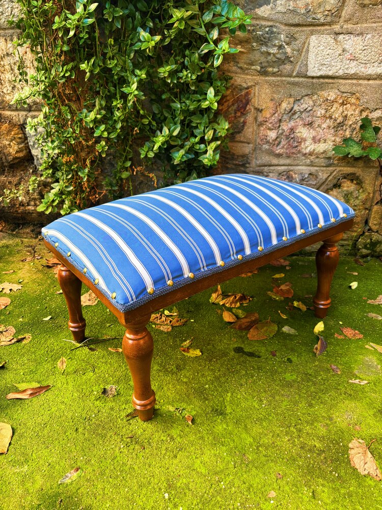 Blue + White Striped Walnut Foot Stool 