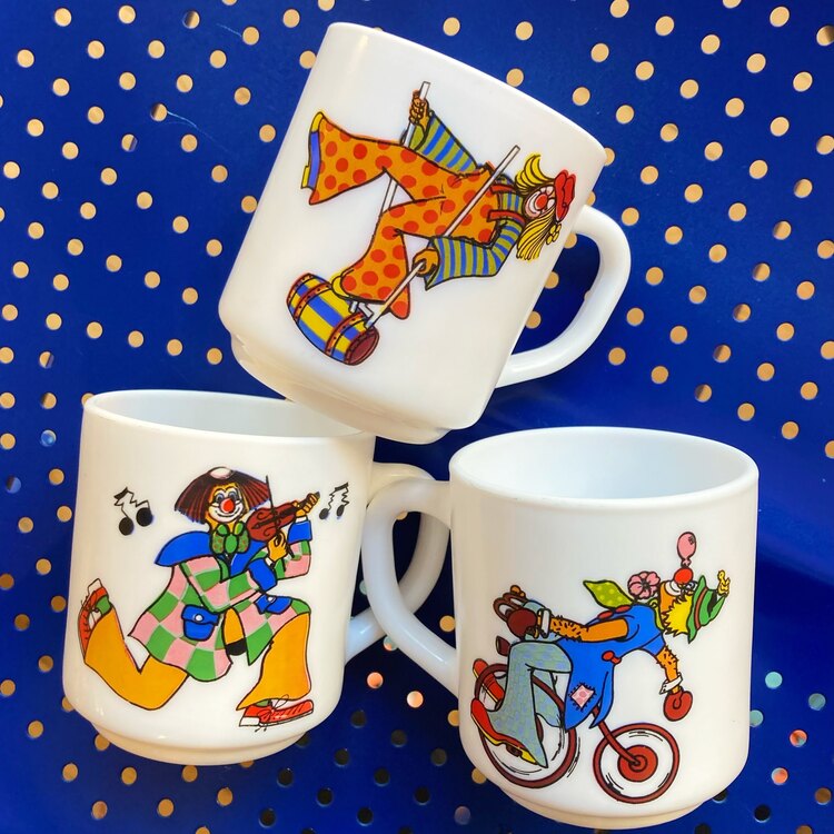 80’s Opaline Glass Clown Mugs
